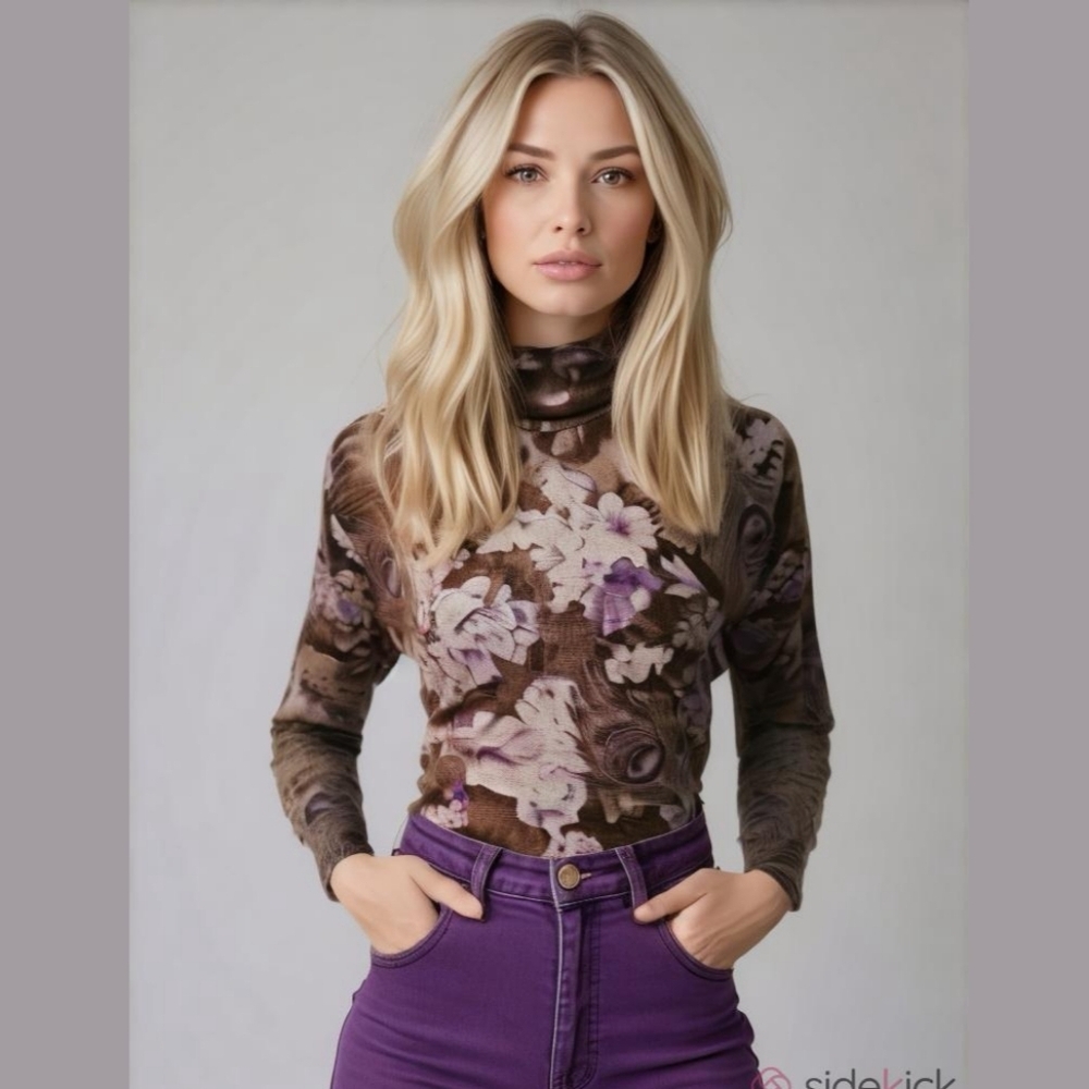 Long sleeve top brown purple peacock floral petite Mock Neck 🆕
